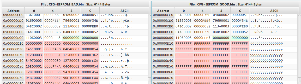 Screenshot comparing flash writes during the bootloader development