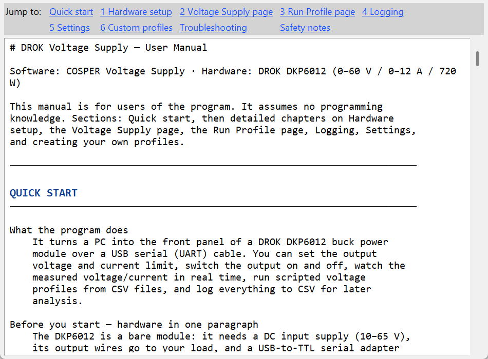 Built-in help window showing the user manual with its Jump to section links