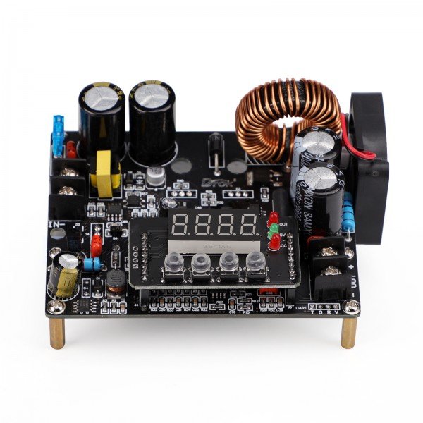The DROK DKP6012 buck power module: four-digit LED display, four set buttons, screw terminals, toroidal inductor and heatsink