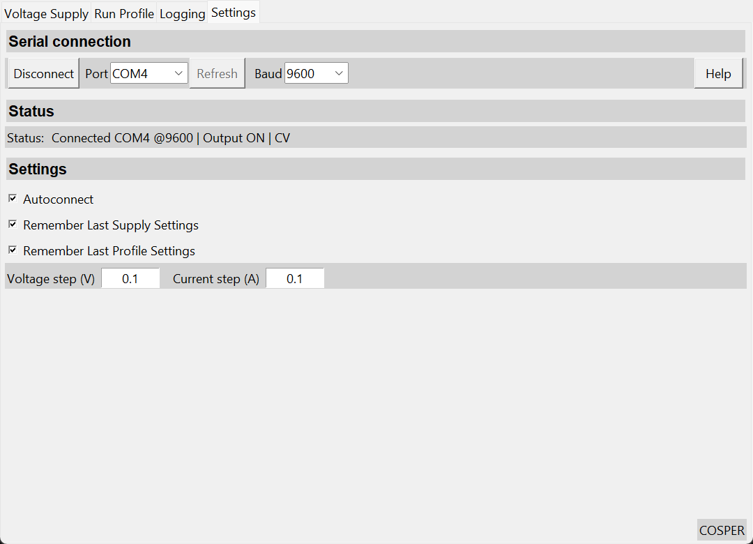 Settings tab: serial connection row, live status line, persisted checkboxes and arrow-button step boxes