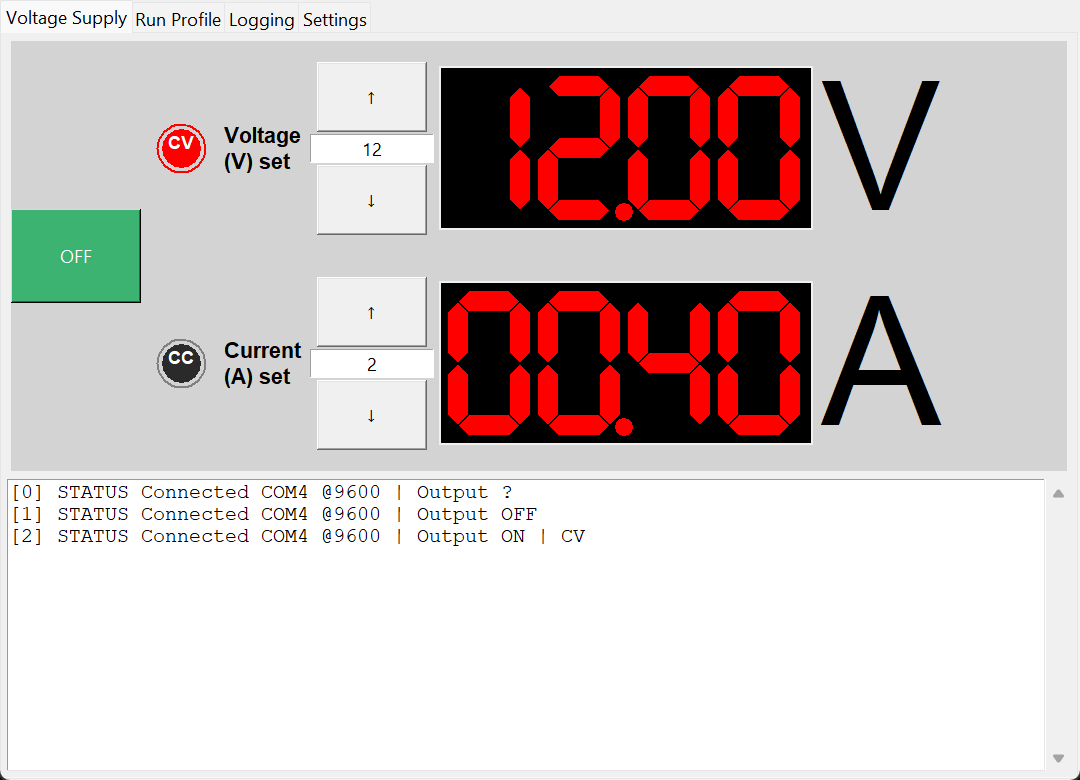 DROK Voltage Supply app, Voltage Supply tab: ON/OFF button, CV/CC lamps, setpoint steppers, red 7-segment measured displays and command log