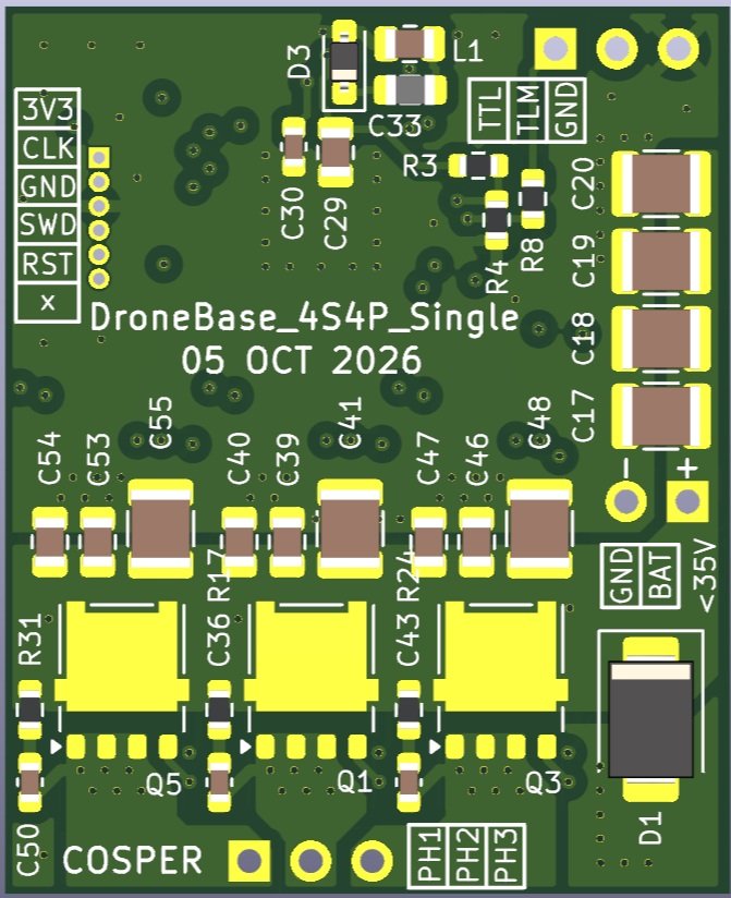 Top-down 3D render of the DroneBase 4S4P Single ESC board layout
