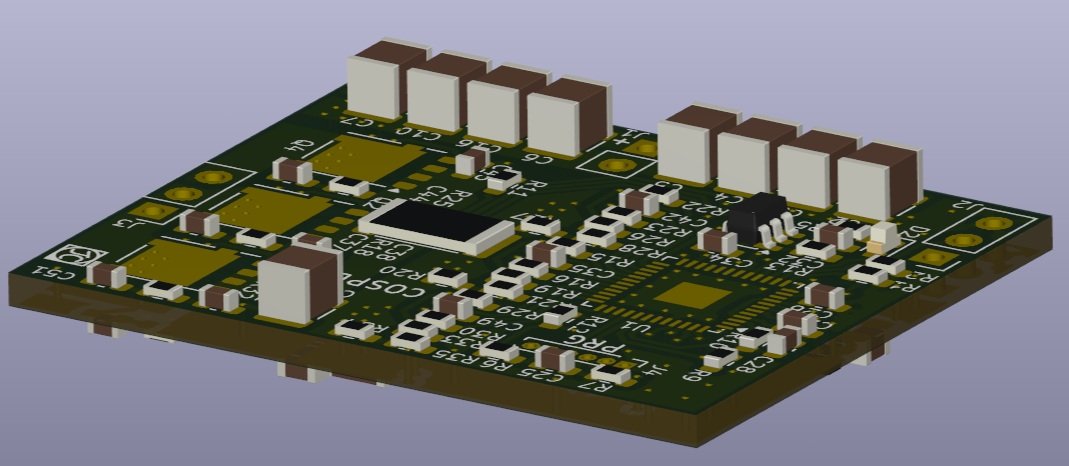 Isometric 3D render of the populated DroneBase 4S4P Single board